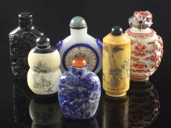 Six Chinese snuff bottles, in various materials, 19th / 20th century, 5cm - 6.5cm